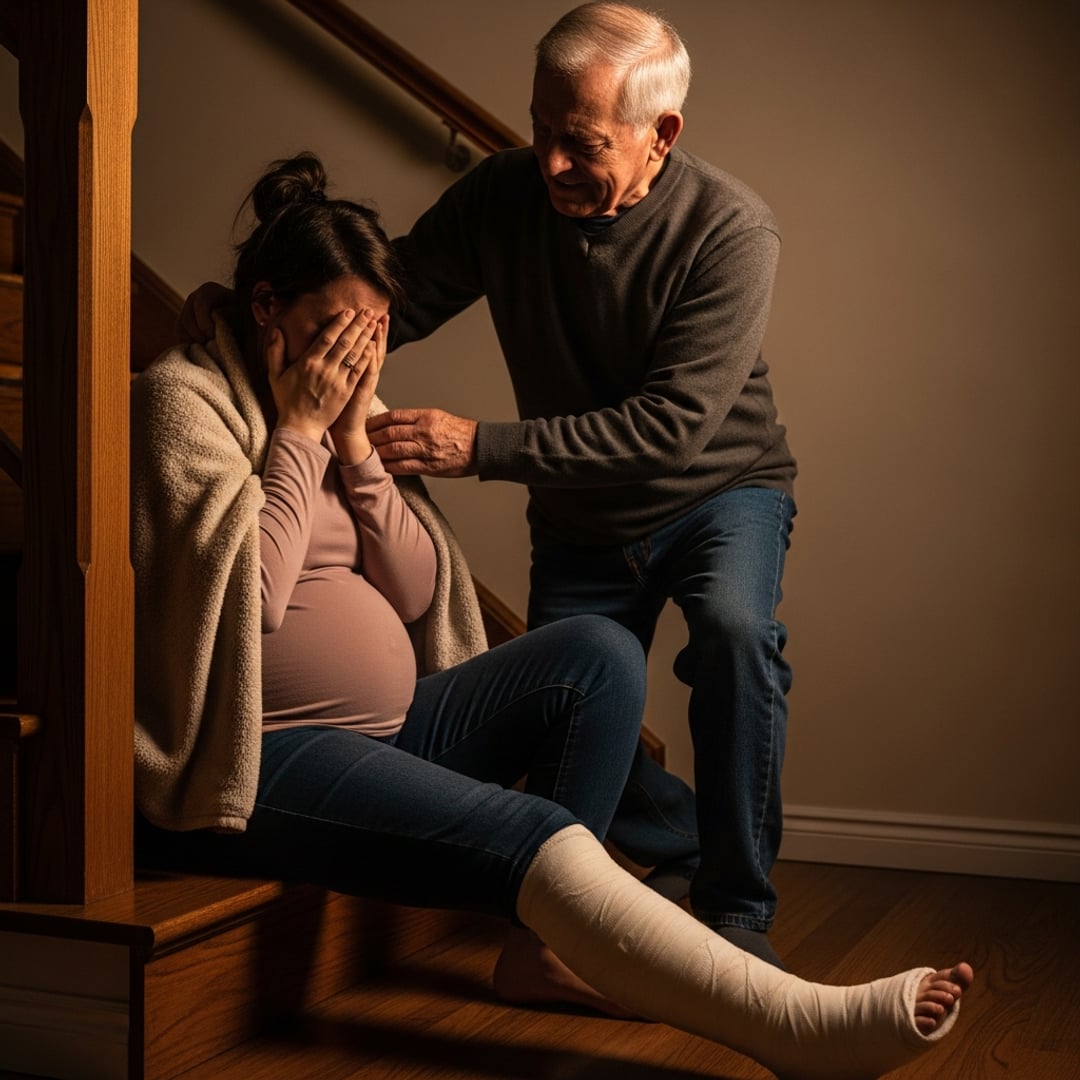 My husband left me for dead at the bottom of the stairs, 8 months pregnant with a broken leg. But his quiet grandfather’s arrival REVEALED the shocking truth that would SHATTER our marriage.