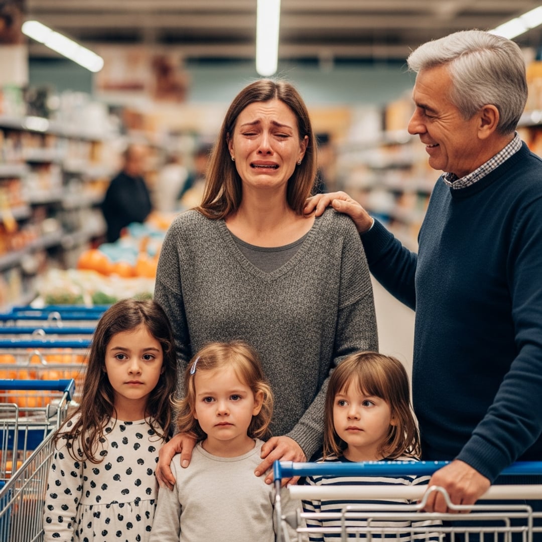 I was at the checkout with a full cart and three hungry kids when a stranger stopped me — what he said next CHANGED EVERYTHING and made me burst into tears.
